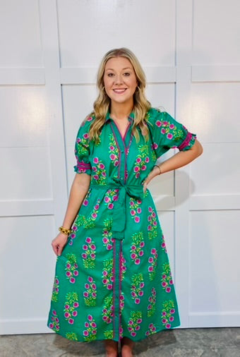 ISLAND GREEN Floral Button-Down Midi Dress with Waist Tie