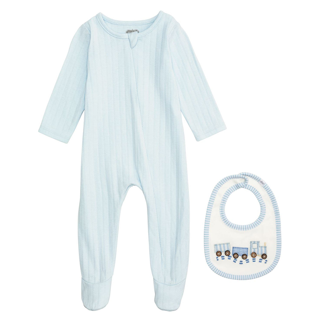 Mud Pie-BLUE SLEEPER & TRAIN BIB SET- 0-3 Months