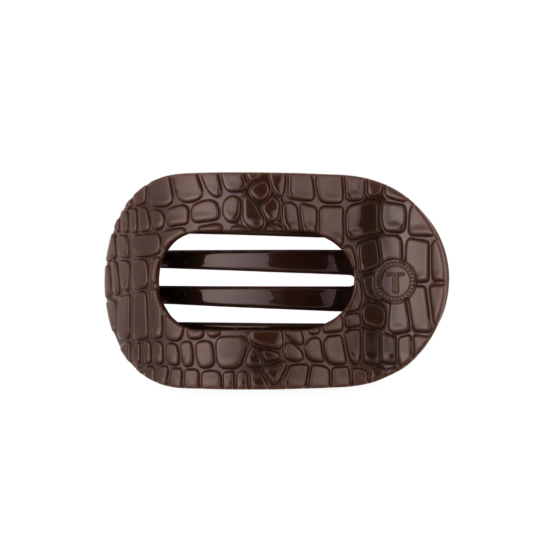 Teleties-Brown Crocodile Medium Flat Round Hair Clip-Medium