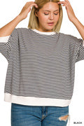 Plus striped contrast trim rib banded top- Black (JB)