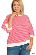Plus striped contrast trim rib banded top-Red (JB)