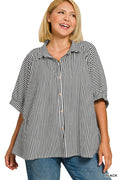 Plus oversized stripe button-down stretch knit shirts-Black (JB)
