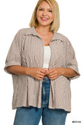 Plus oversized stripe button-down stretch knit shirts- Mocha (JB)