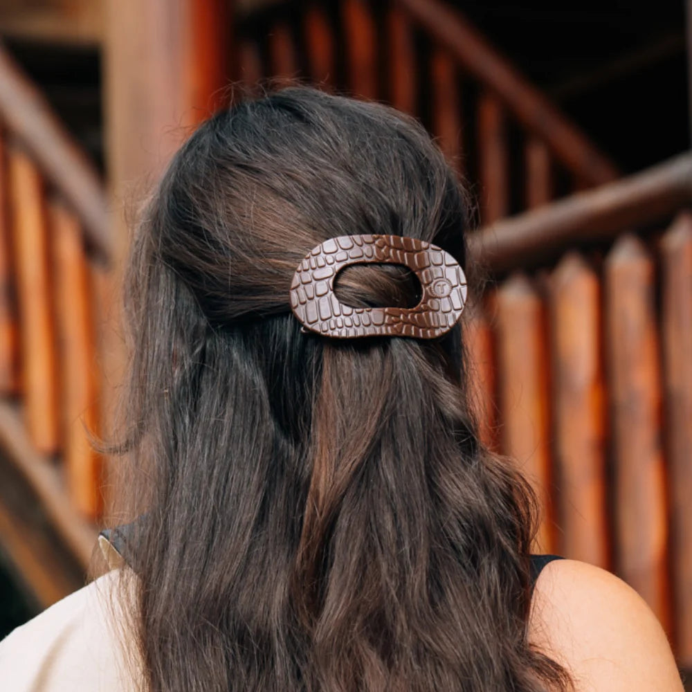 Teleties-Brown Crocodile Medium Flat Round Hair Clip-Medium
