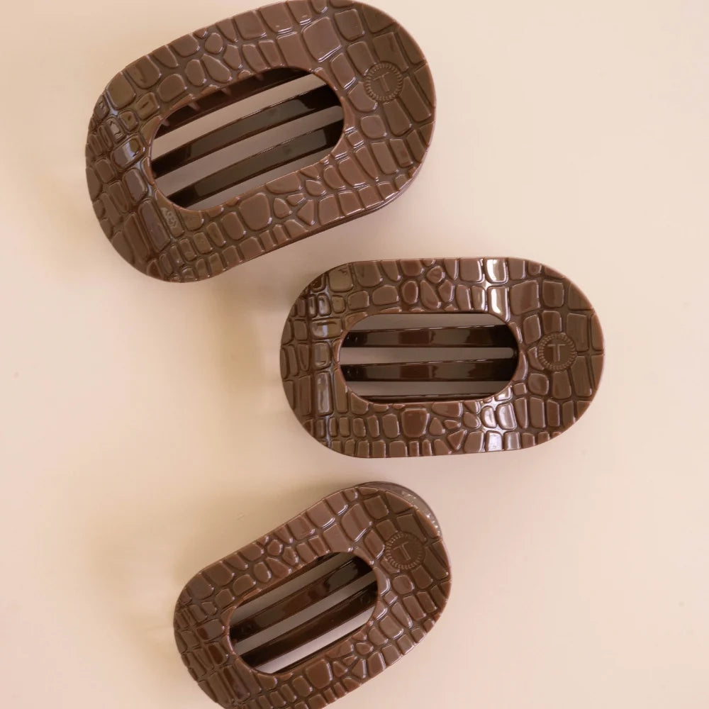 Teleties-Brown Crocodile Medium Flat Round Hair Clip-Medium