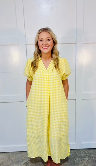 Lemon Gingham Midi Dress