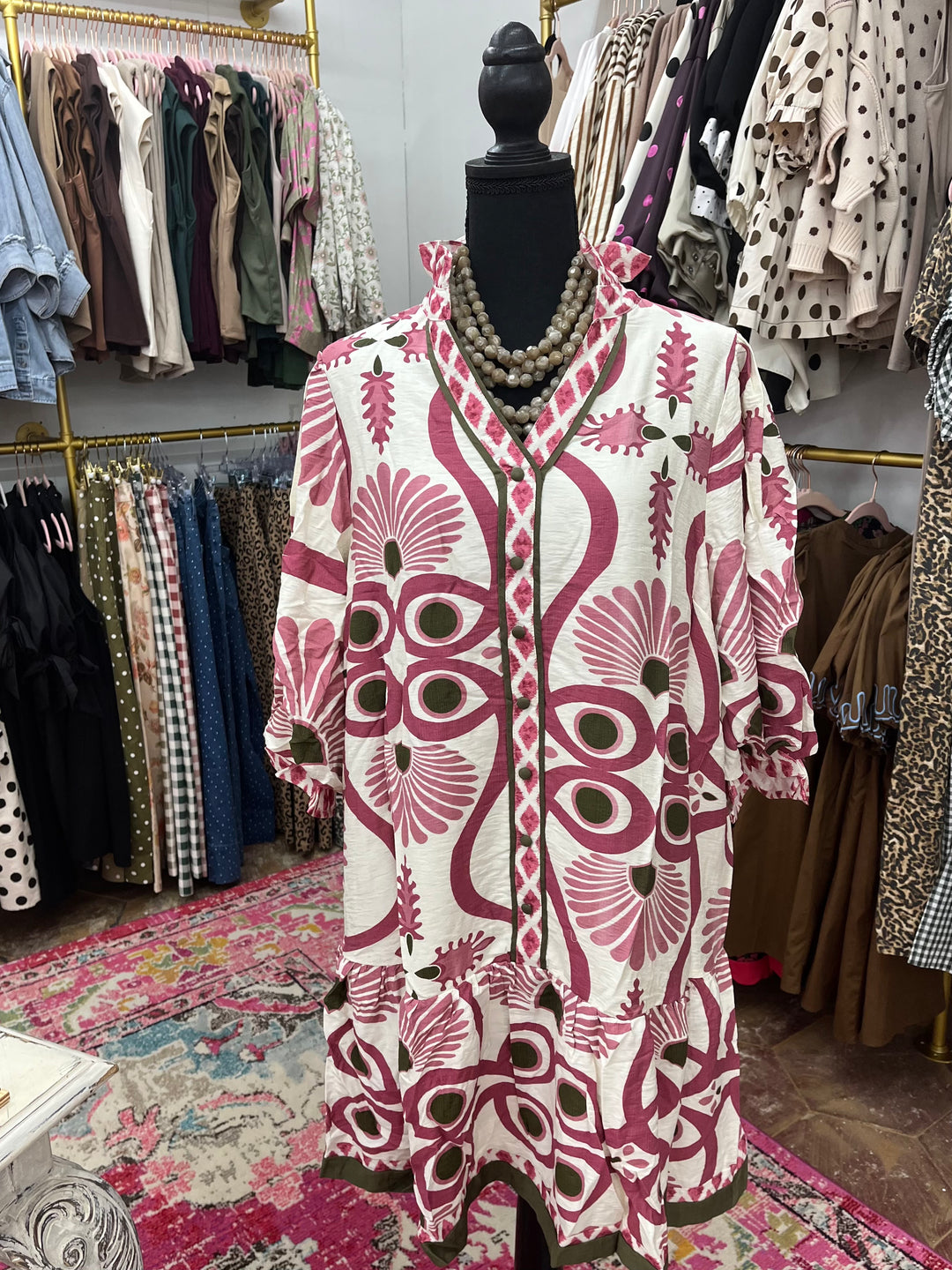 Abstract Print Button Front Baby Doll Dress Rose (JB)
