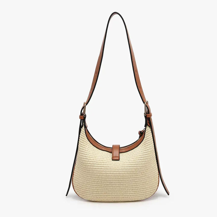 Jen & Co Ariana Straw Shoulder Bag w/ Top Zip & Twist-Lock Closure-Natural/Brown