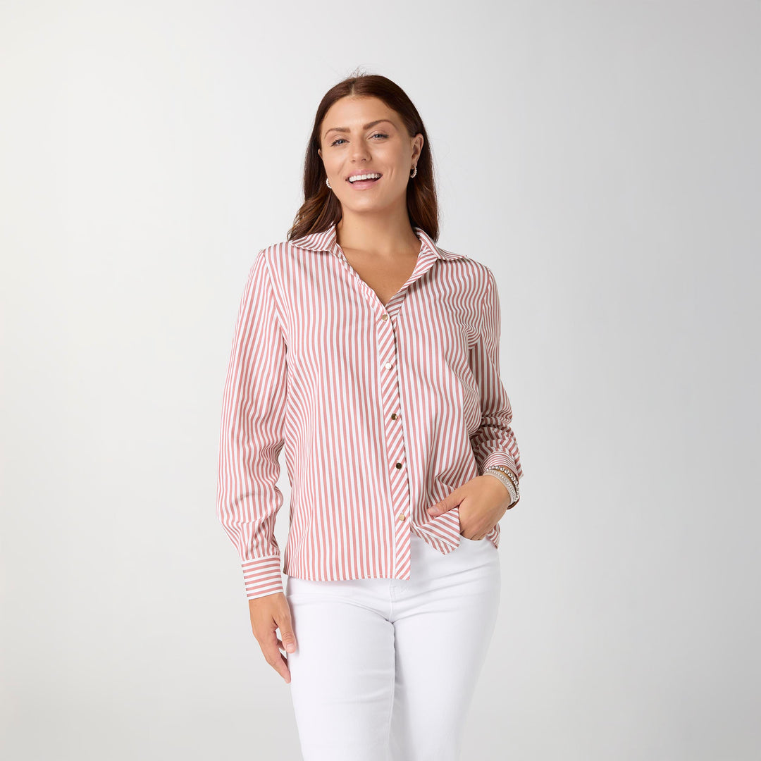 Coco+Carmen-Mabel Long Sleeve Striped Button Front-Rose/White