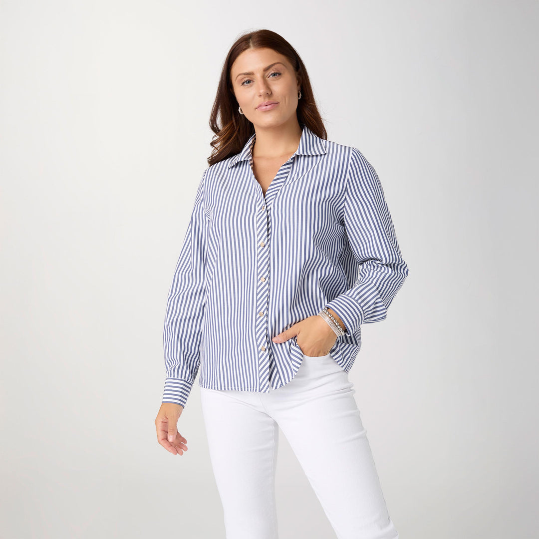 Coco-Carmen-Mabel Long Sleeve Striped Button Front-Navy/White