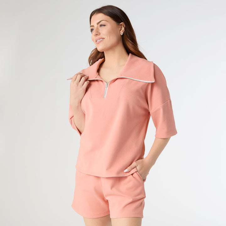 Coco+Carmen-Weekend Brushed Drop Sleeve 1/4 Zip & Short Set - Coral