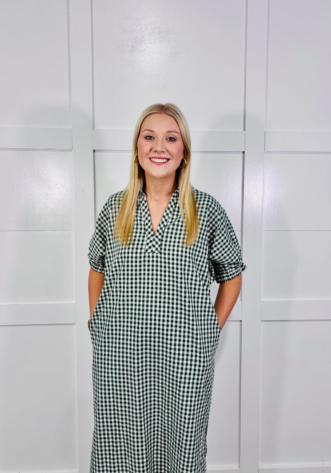 Gingham Collared V-neck Short Puff Sleeve Midi Dress Hunter Green (LH)