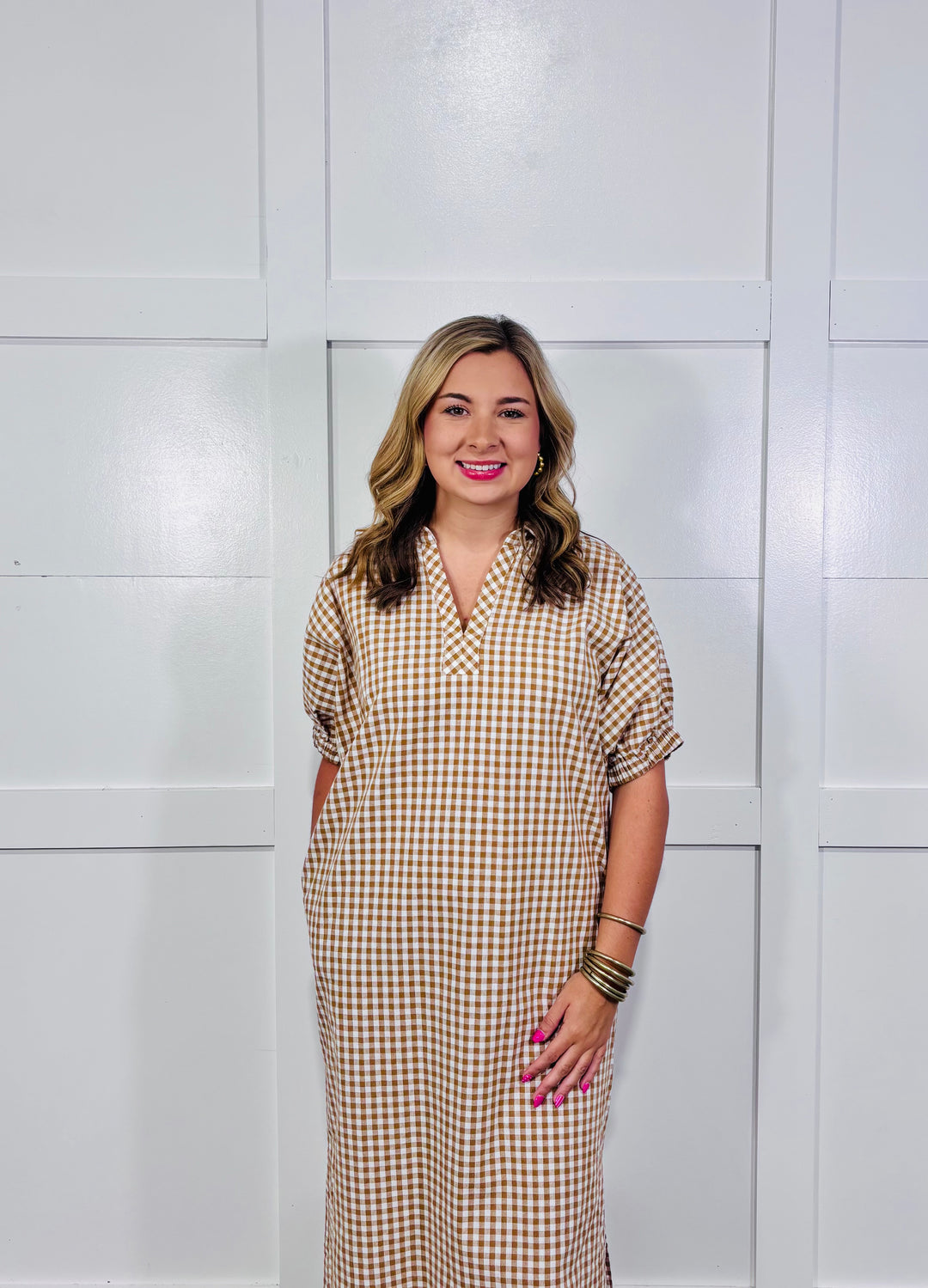 Gingham Collared V-neck Short Puff Sleeve Midi Dress Camel (LH)