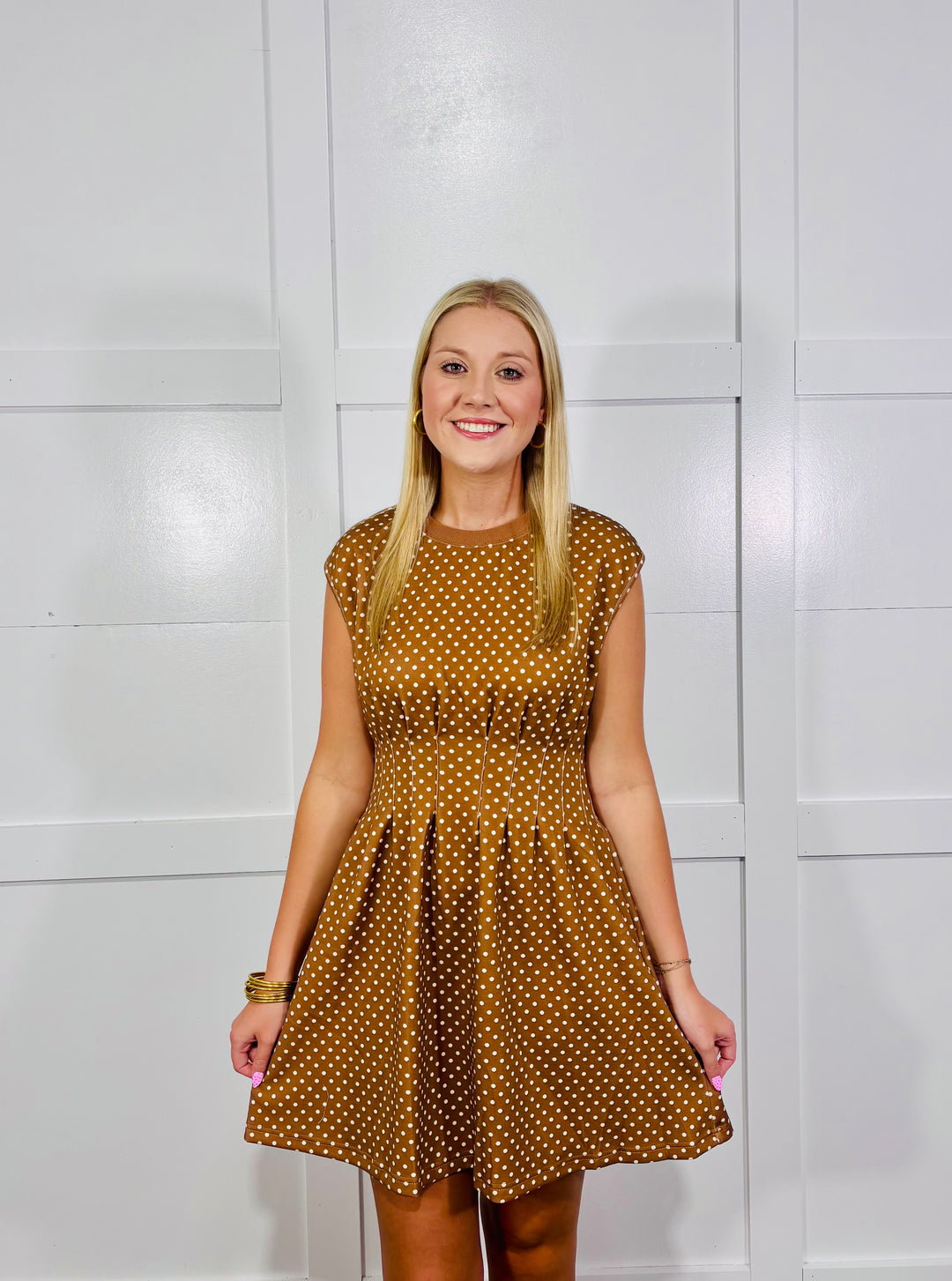 Polka Dot Cap Sleeve Camel Dress (LH)