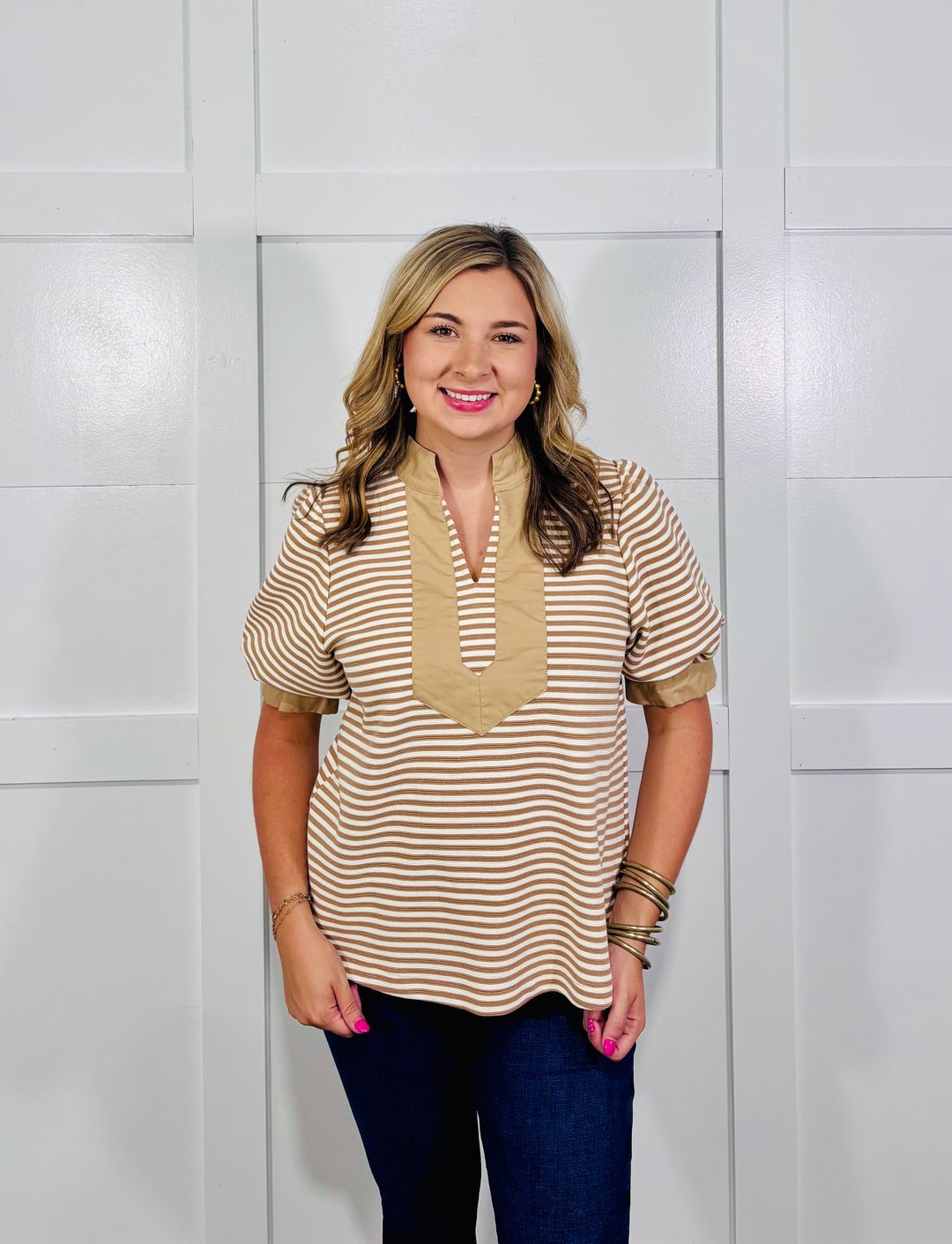 Stripe Taupe Puff Sleeve Top (LH)