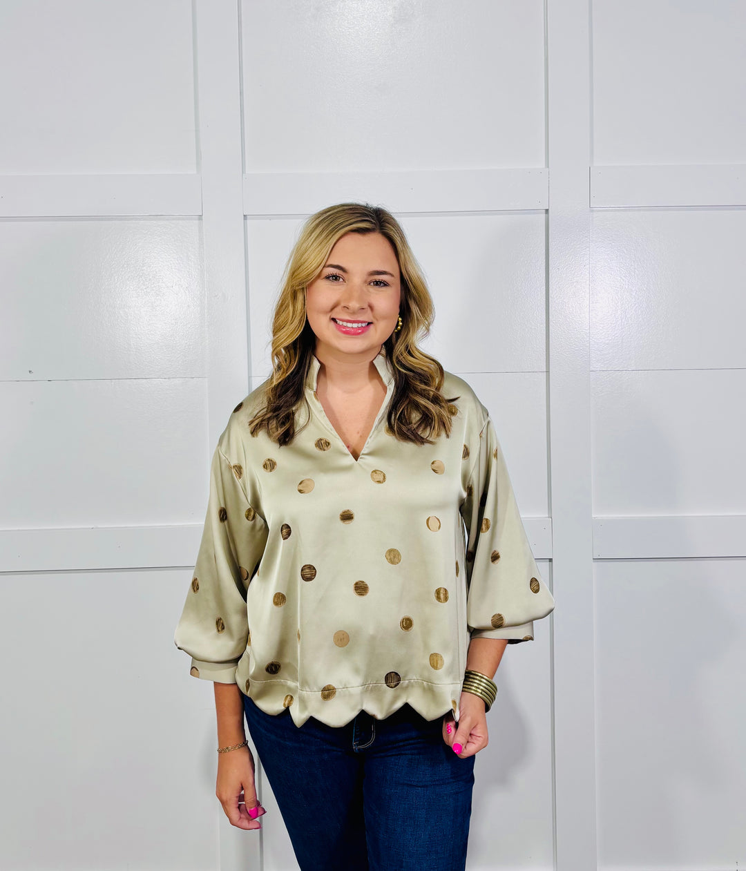 Scallop Hem Dot Top- Smokey Taupe (LH)