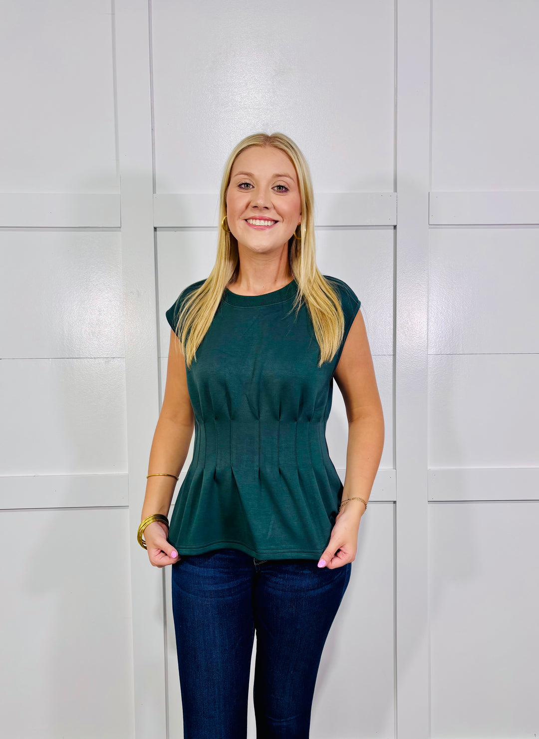 Fall Solid Sleeveless Pleated Top Forest (LH)