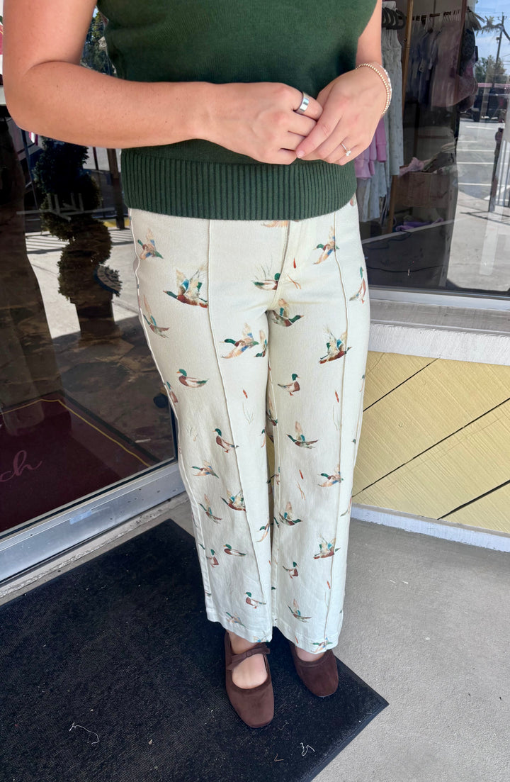 Mallard Printed Stretch Denim Wide Leg Jeans Ivory (LH)