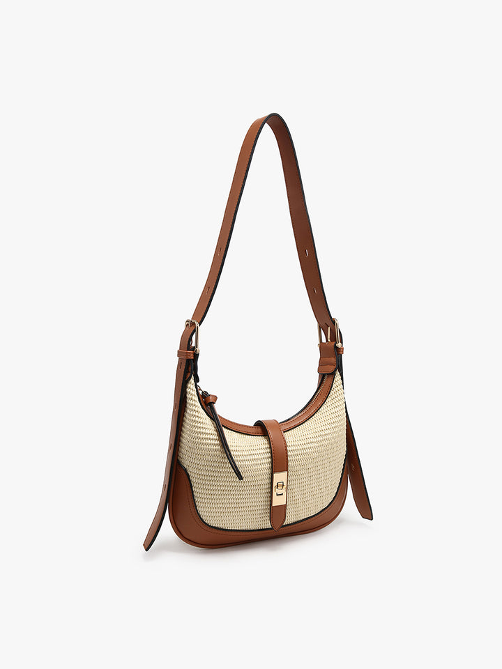 Jen & Co Ariana Straw Shoulder Bag w/ Top Zip & Twist-Lock Closure-Natural/Brown