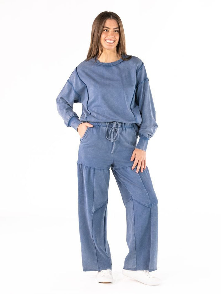 Simply Southern-Mineral Wash Crewneck Sweatshirt & Pant Set-Blue