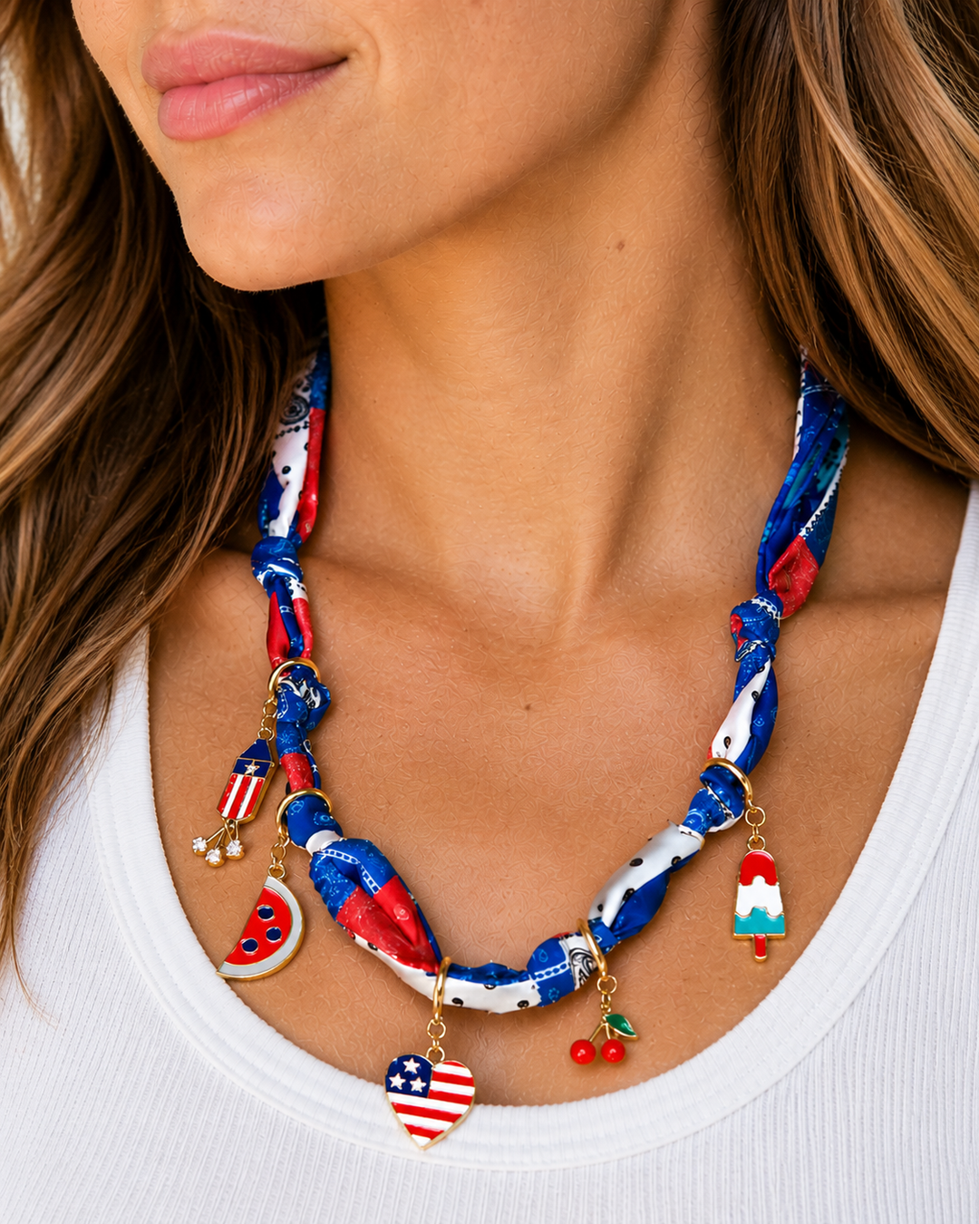 Grace+Emma-Scarf Necklace with Patriotic Charms
