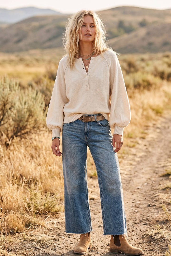 Sewn & Seen-Henley Balloon Sleeve Sweater Top: IVORY