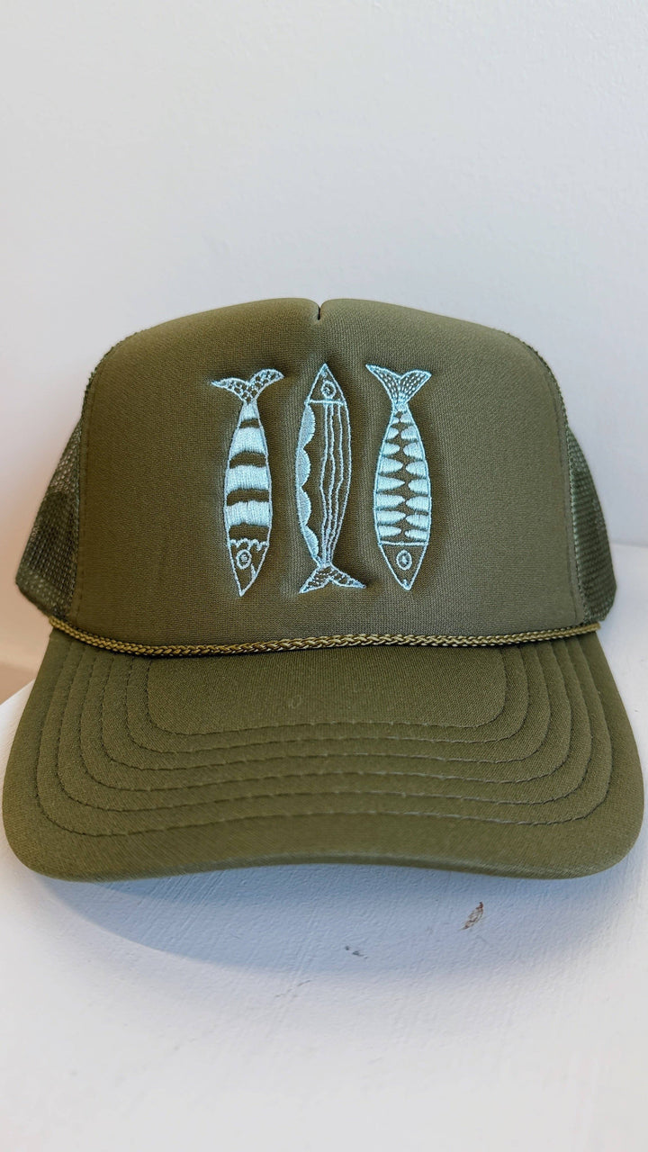 Sardine Hat: Cool blue hat | yellow orange + pink thread