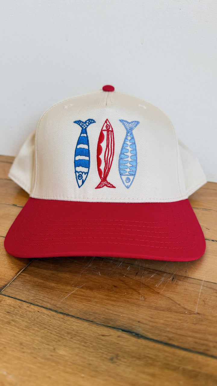 Sardine Hat: Cool blue hat | yellow orange + pink thread