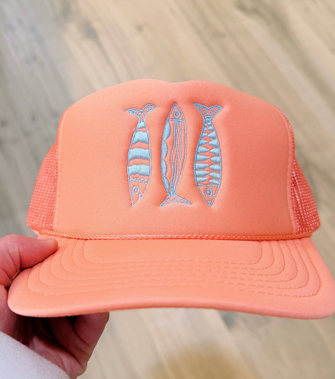 Sardine Summer Trucker Hat: Lavender hat | electric blue thread