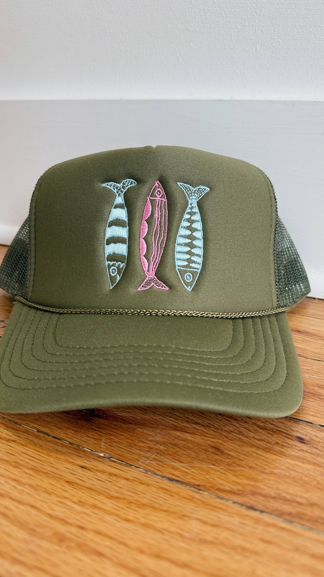 Sardine Hat: Cool blue hat | yellow orange + pink thread