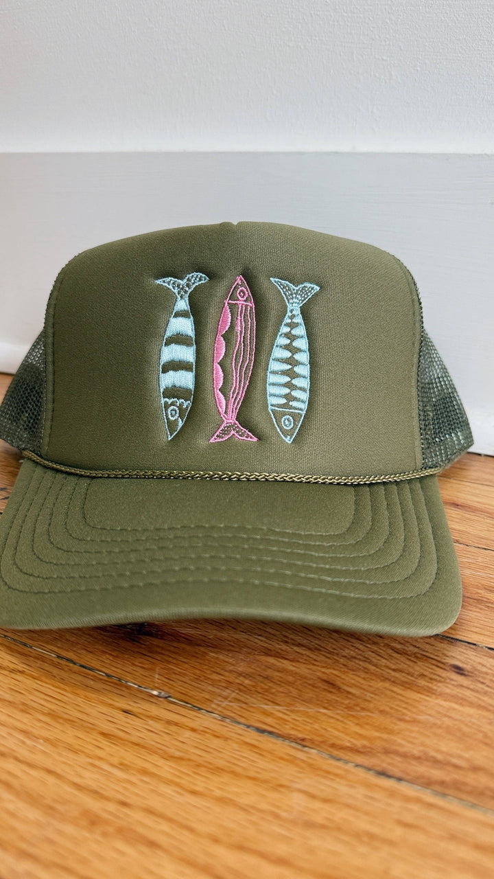 Sardine Hat: Cool blue hat | yellow orange + pink thread