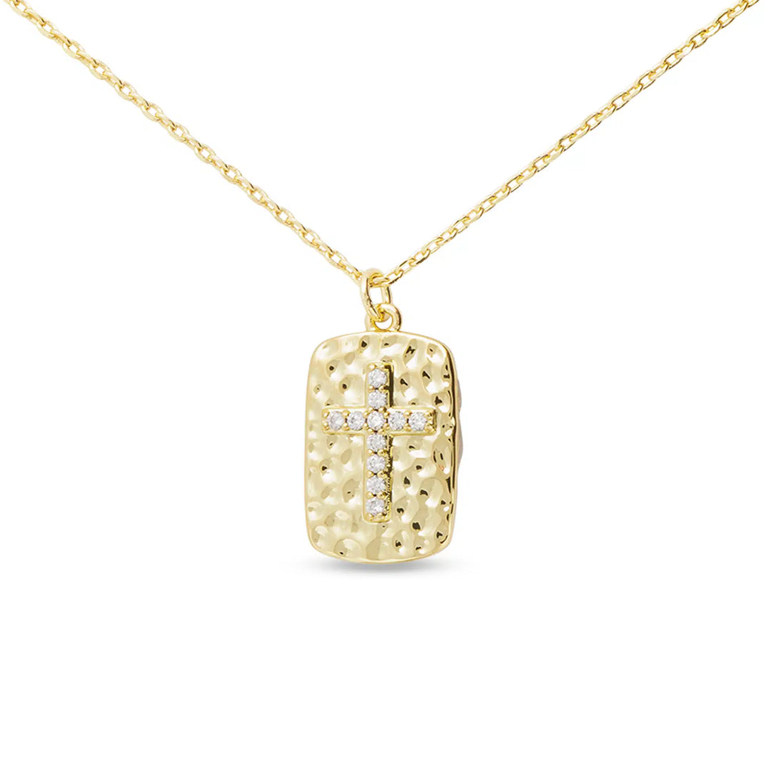 Amanda Blu-GOLD CZ HAMMERED PENDANT CROSS NECKLACE