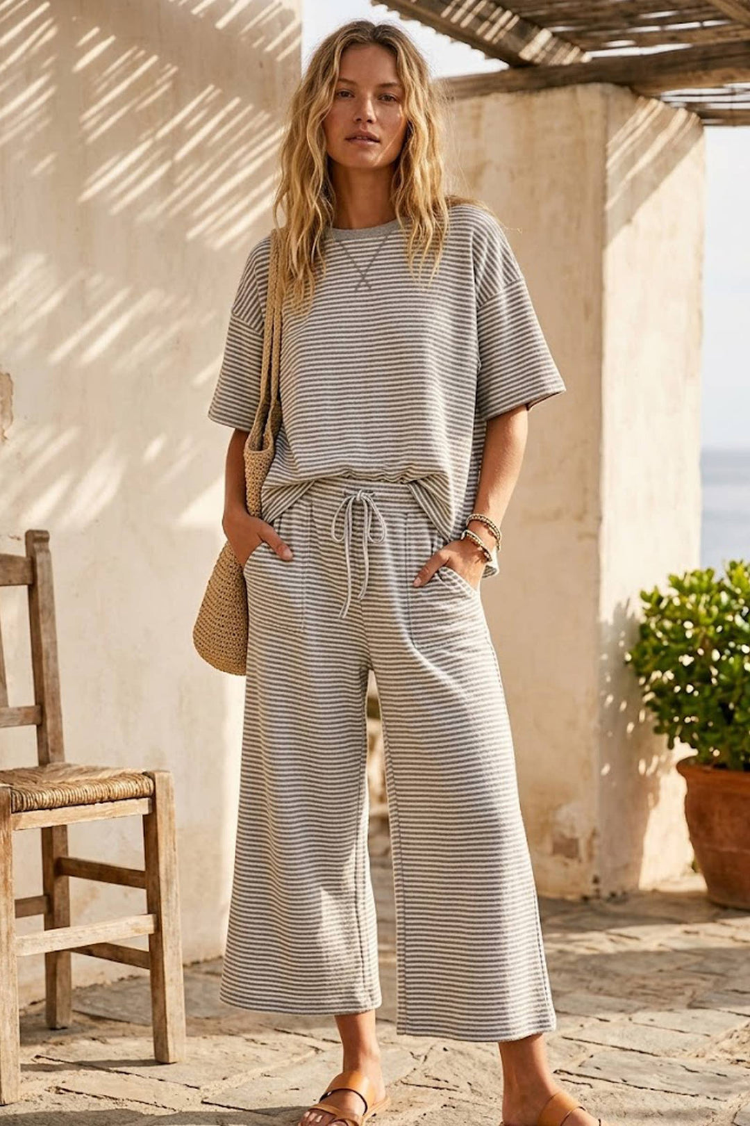 Sewn & Seen-Striped Knit Top and Pants Set: HEATHER GREY/WHITE
