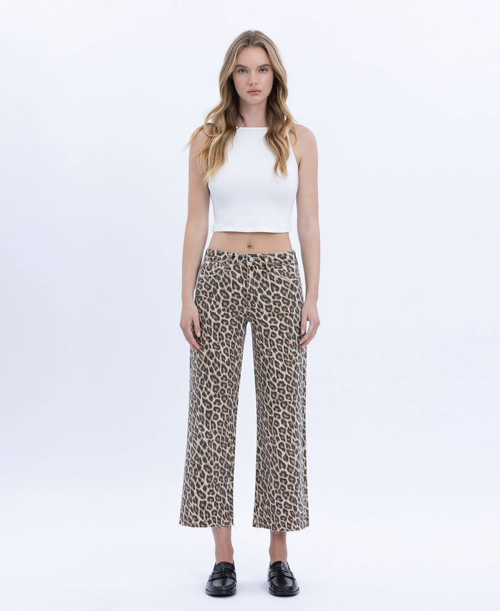HIGH RISE ANIMAL PRINT CROP WIDE LEG JEANS