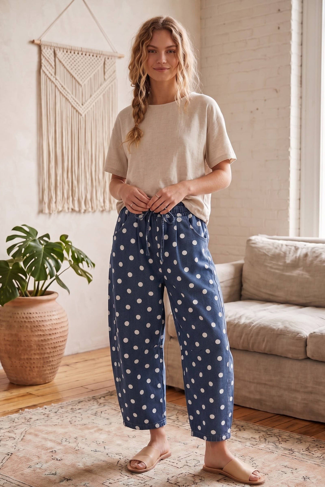 Sewn & Seen-Oversized Polka Dot Denim Barrel Pants