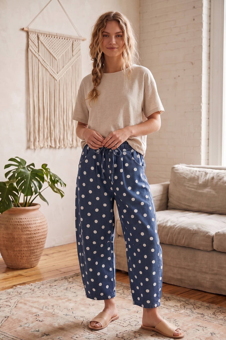 Sewn & Seen-Oversized Polka Dot Denim Barrel Pants