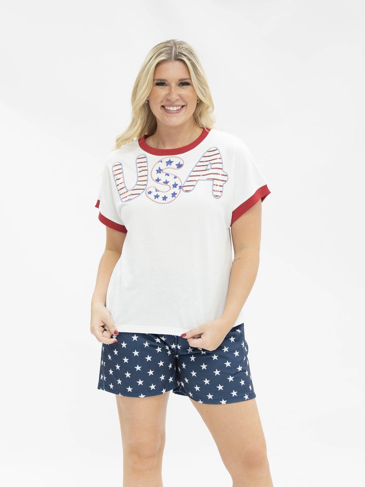 Grace+Emma-Sequin "USA" on White Top