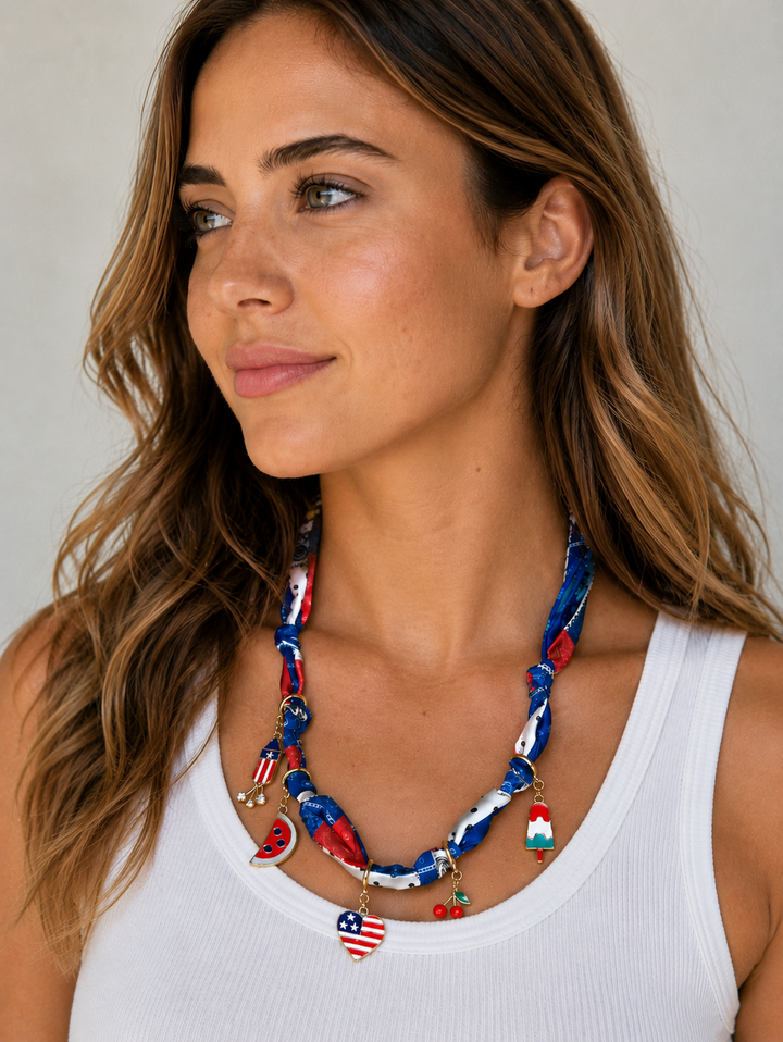 Grace+Emma-Scarf Necklace with Patriotic Charms