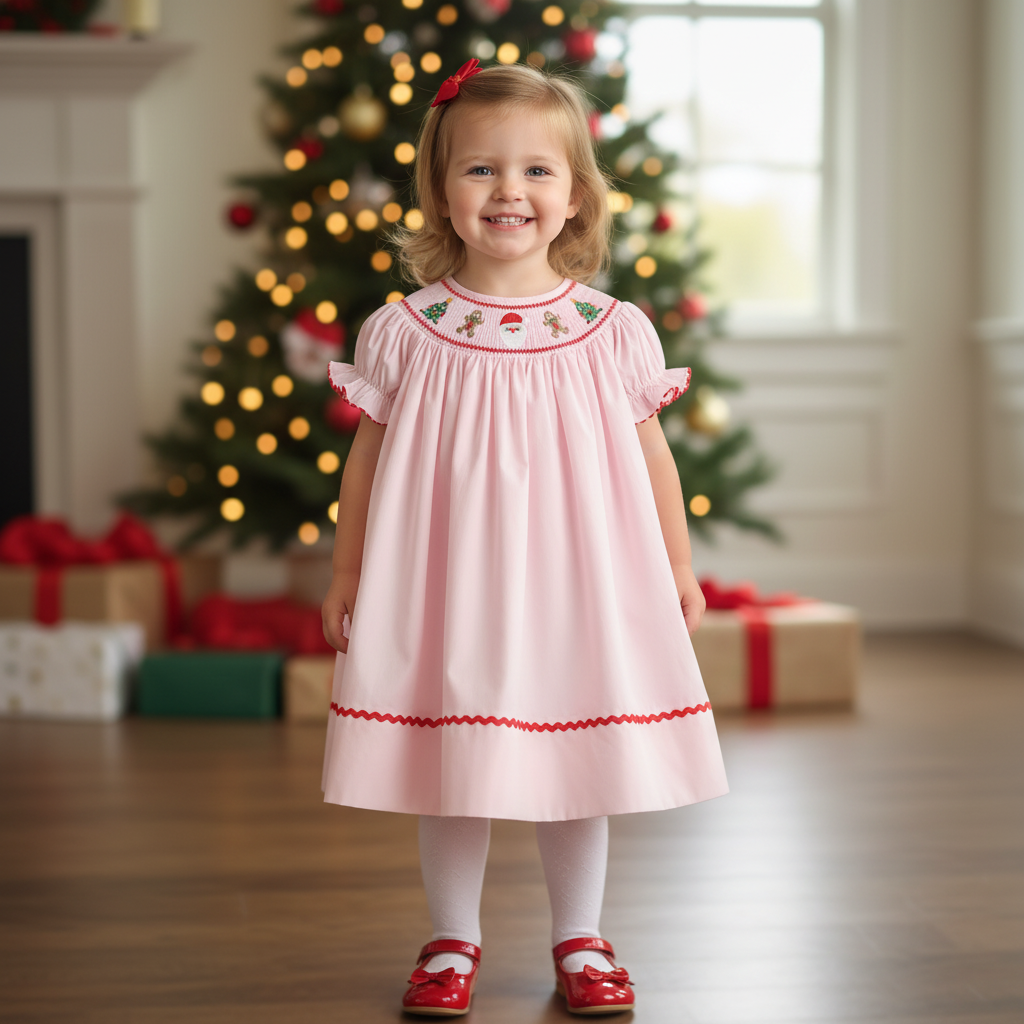 Lil Cactus - Pink Christmas Smocked Bishop Dress