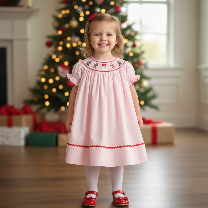 Lil Cactus - Pink Christmas Smocked Bishop Dress