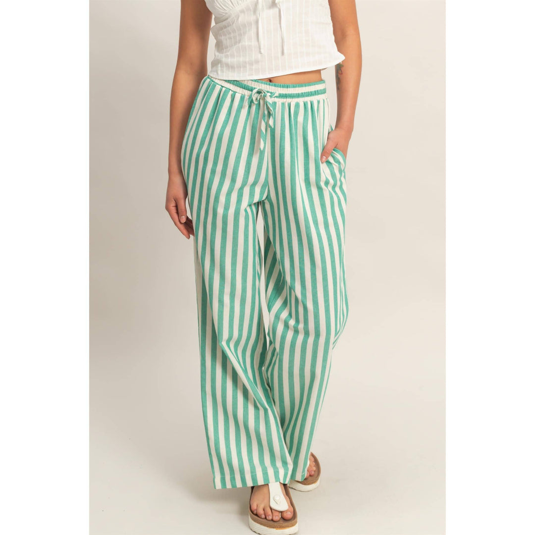 Vertical Striped Elastic Pants With Side Pockets: GREEN / S-M-L(2-2-2)