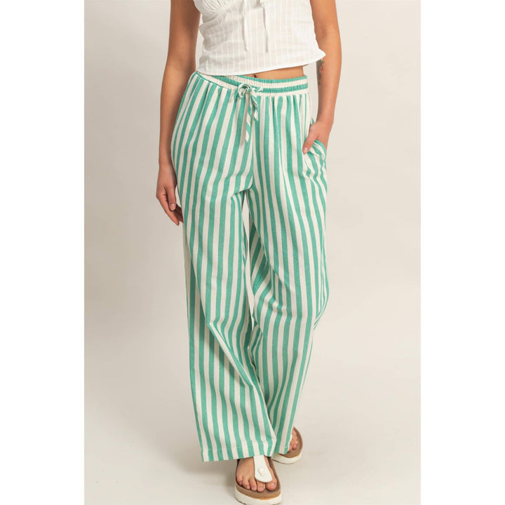 Vertical Striped Elastic Pants With Side Pockets: GREEN