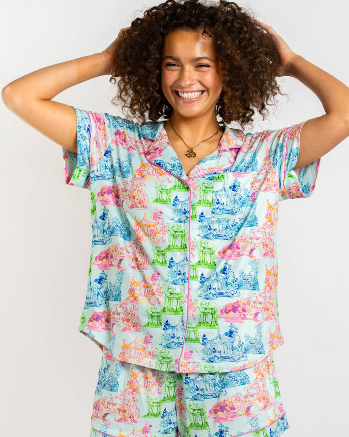 Maya Short Sleeve Sleep Set (top & bottom)  Aqua/Multi