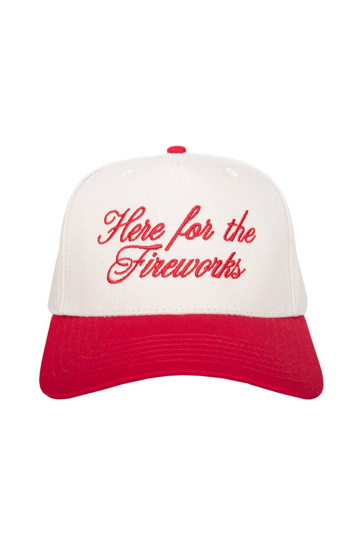 Here For The Fireworks 4th of July Hat: Red and Tan