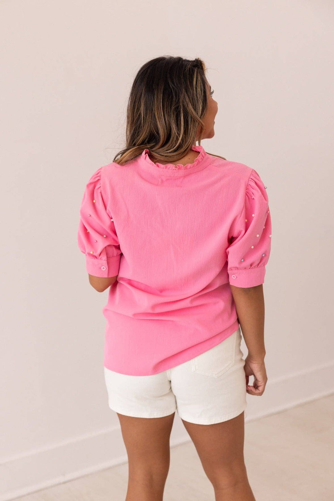 Grace+Emma-Pink Puff Sleeve Top With Pearl