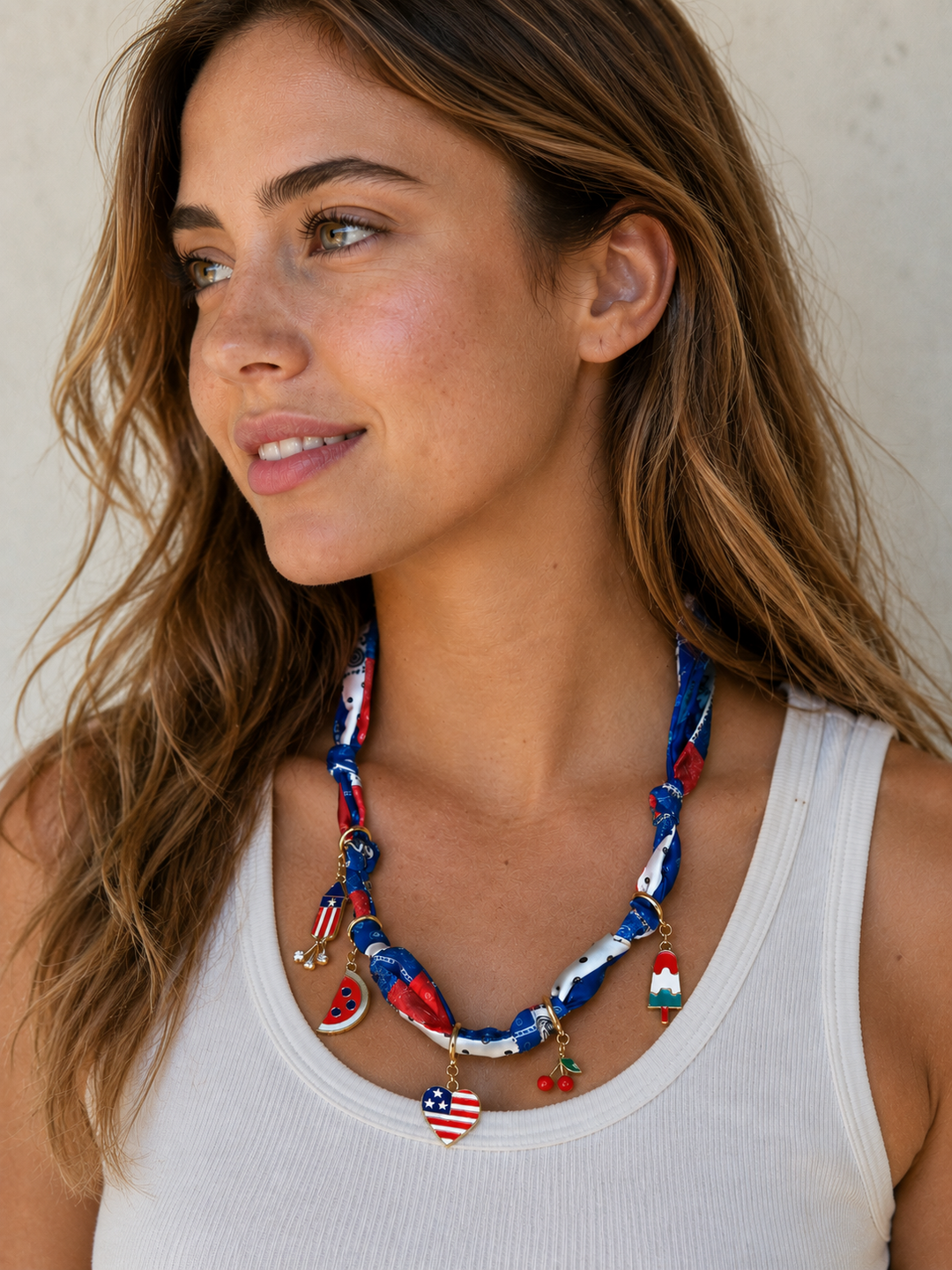 Grace+Emma-Scarf Necklace with Patriotic Charms