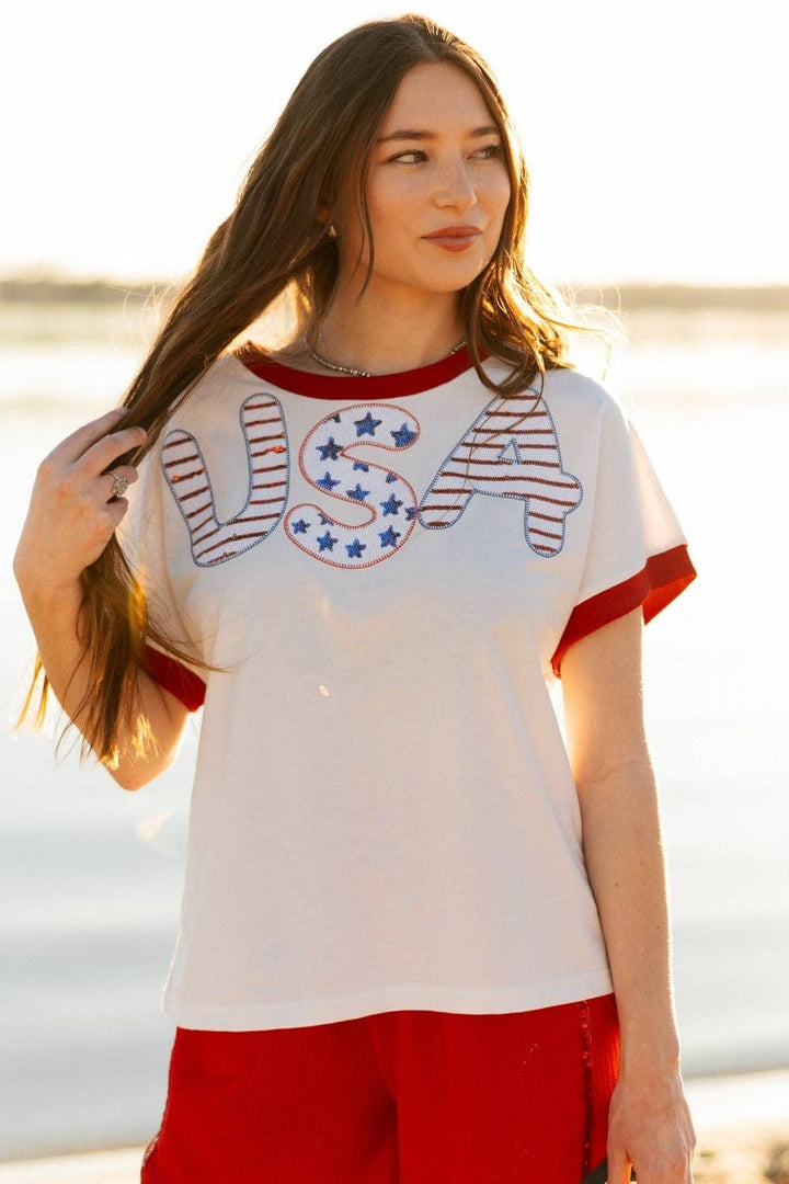 Grace+Emma-Sequin "USA" on White Top