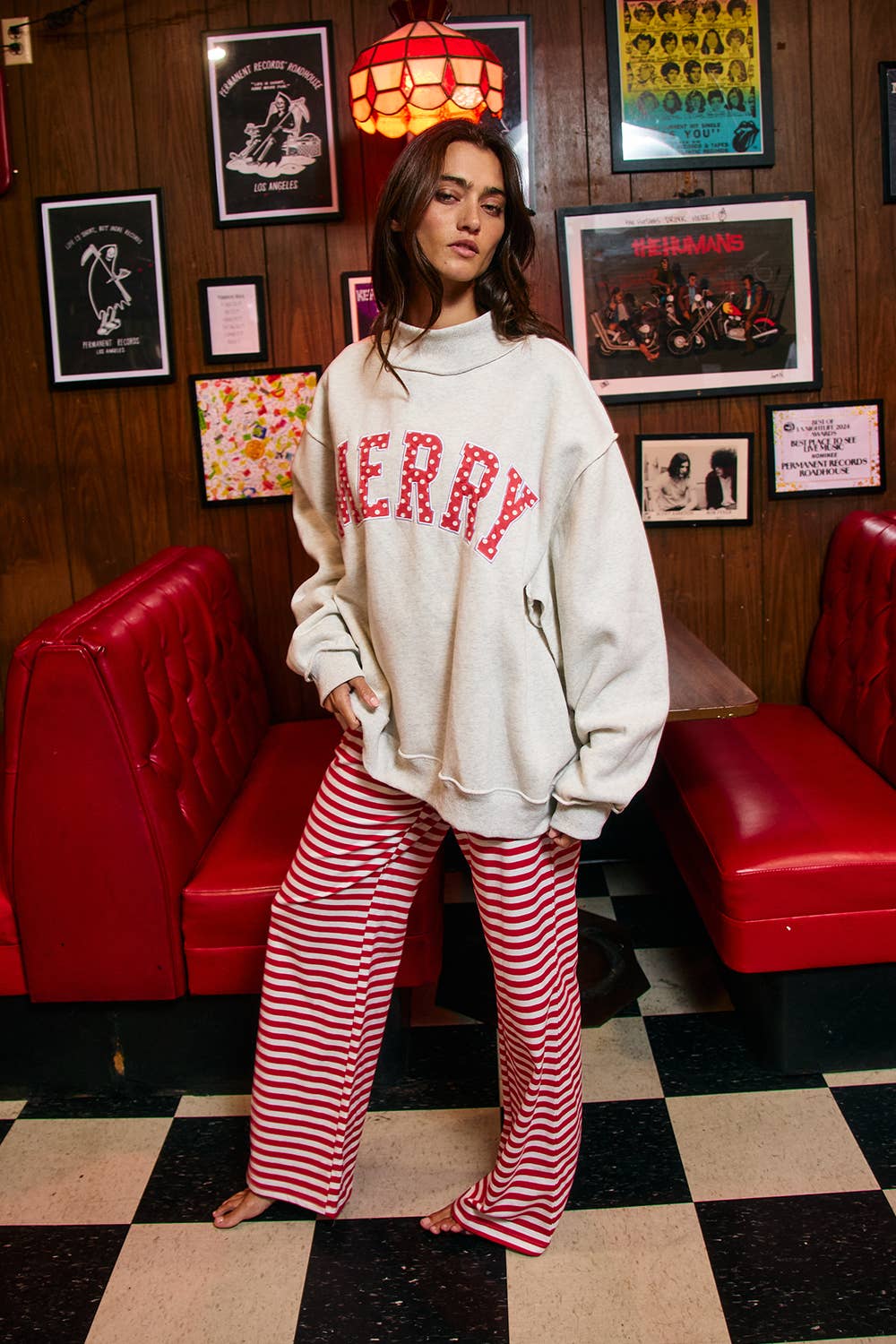 "MERRY" Varsity Mock Neck Sweatshirt: Red Polka  (LH)