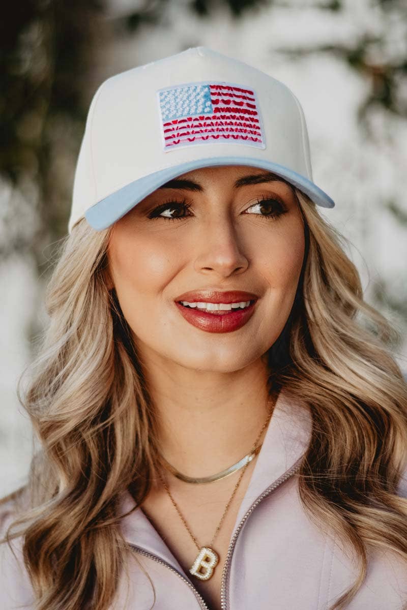 American Flag Two-Toned Fitted Hat : Light Blue and Tan