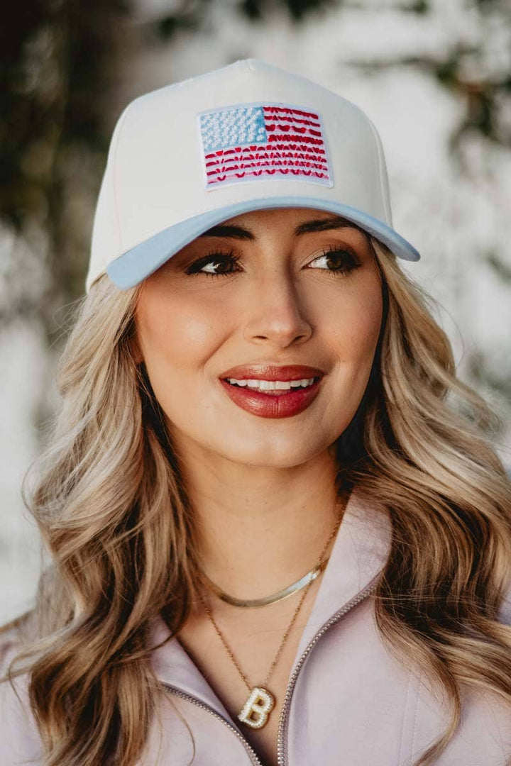 American Flag Two-Toned Fitted Hat : Light Blue and Tan